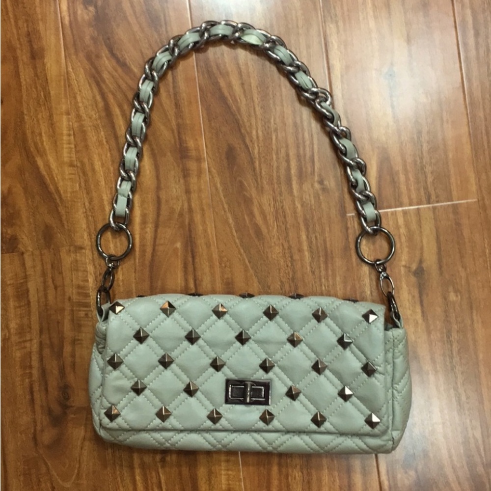 Nila Anthony Cool Grey Faux Leather Studded Quilt Shoulder Chain Bag Streetwear